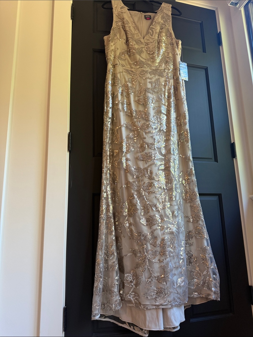 Sequined V-Neck Evening Gown in Champagne NWT